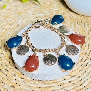 Vintage Chunky Costume Dangling Gold Tone Cabochon Charm Statement Bracelet.